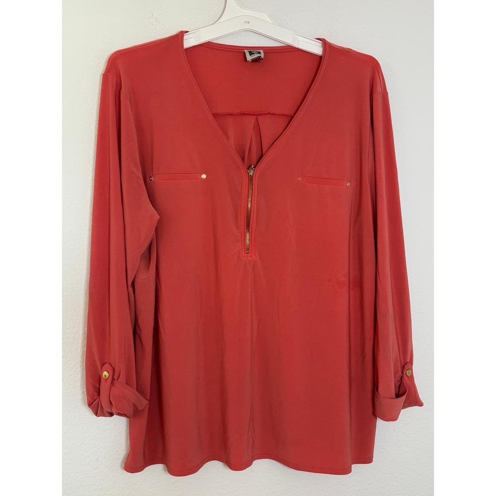 Anne Klein Coral Pink Half Zip Roll Tab Sleeve Blouse XL Gold Hardware Top